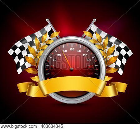 Race Emblem With Speedometer Flags And Laurel Wreath Realistic Vector Illustration