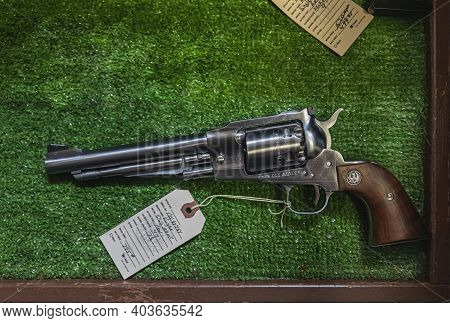 Placerville, Usa - November 25 2020: Contemporary Reproduction Of A Vintage Black Powder Cap And Bal