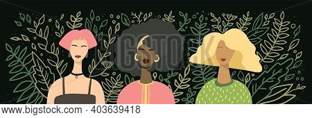 International Womens Day Horisontal Banner. Different Women Avatars On Black Background With Hand Dr