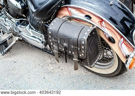 Samara, Russia - May 18, 2019: Leather Motorcycle Bag For Carrying Luggage. Motorcycle With Leather 