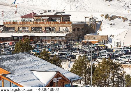 Grandvalira, Andorra: 2021 January 17: Parking And Restaurant Of The Grandvalira Ski Resort In Grau 