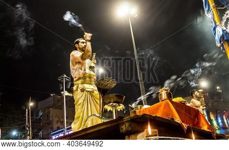 Varanasi, India - May 06, 2019 - Varanasi Ganga Aarti Rituals At Dashashwamedh Ghat Performed By You