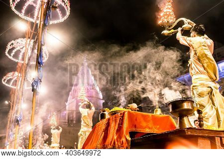 Varanasi, India - May 06, 2019 - Varanasi Ganga Aarti Rituals At Dashashwamedh Ghat Performed By You