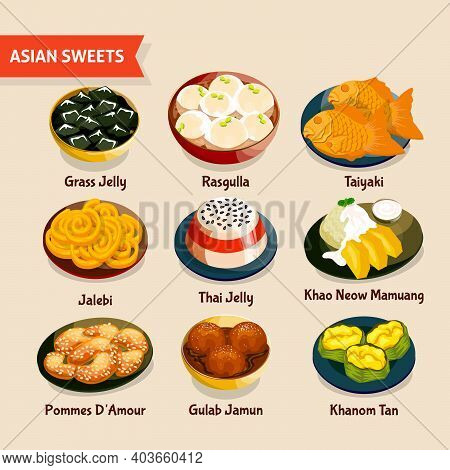 Asian Sweets Set With Traditional Desserts Of Chinese Thai Indian Japanese Cuisines Isolated Vector 