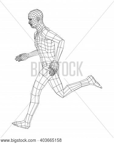 Wireframe Running Man. Vector 3d Rendering. Man In Running Pose