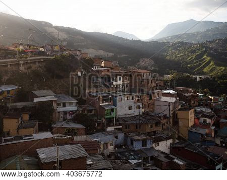Panorama Cityscape Of Colorful Brick Houses In Comuna 13 San Javier Neighborhood Poverty Slum In Med