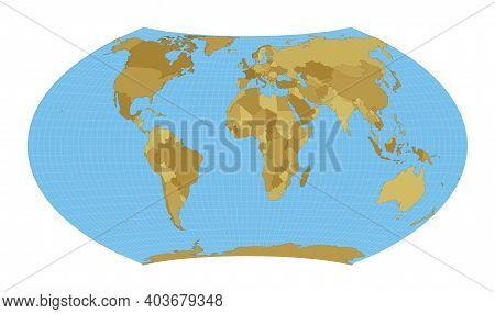 World Map. Wagner Vii Projection. Map Of The World With Meridians On Blue Background. Vector Illustr