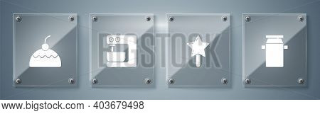 Set Can Container For Milk, Lollipop, Electric Mixer And Cake. Square Glass Panels. Vector