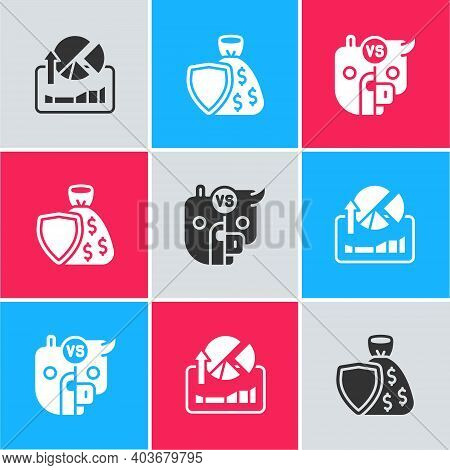Set Stocks Market Growth Graphs, Shield And Money Bag And Bull Bear Of Stock Icon. Vector