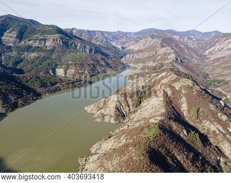 Amazing Aerial View Of Borovitsa Reservoir At Rhodope Mountains, Bulgaria