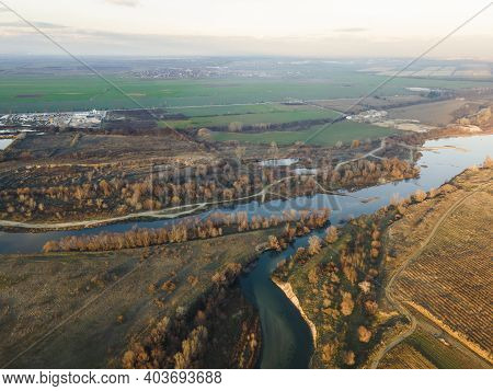 Aerial View Of Vacha River, Pouring Into The Maritsa River Near City Of Plovdiv, Bulgaria