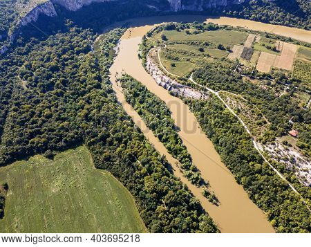 Aerial View Of Iskar River, Passing Near Village Of Karlukovo, Balkan Mountains, Bulgaria