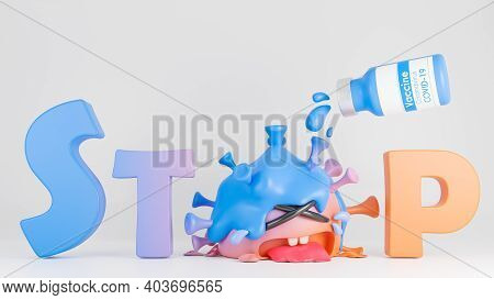 The Vaccine Bottle Poured The Liquid Into The Crying Cute Orange And Blue Colona Virus Character Wit
