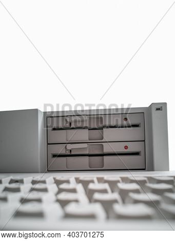 Antique Computer 5 Inch Disk Drives And Keyboard