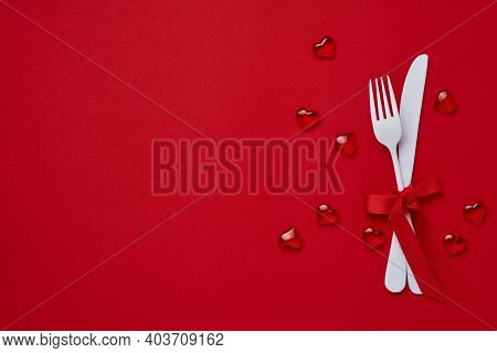 Valentines Day Background Or Concept With Empty White Plate, Small Heart-shaped Plate With Small Hea