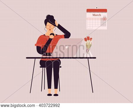 March 8 International Women's Day.cute Brunette Woman In Red Preening Work On Laptop.vase With Tulip