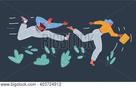 Vector Illustration Of Man And Woman Run In Business Competion On Drack Background.