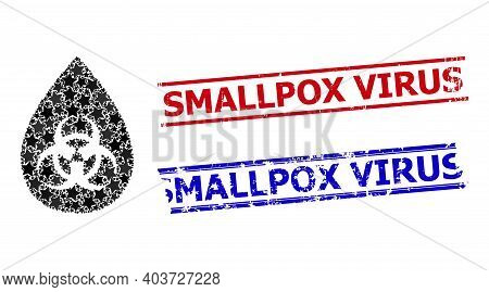 Biohazard Drop Star Pattern And Grunge Smallpox Virus Seal Stamps. Red And Blue Stamps With Grunge S