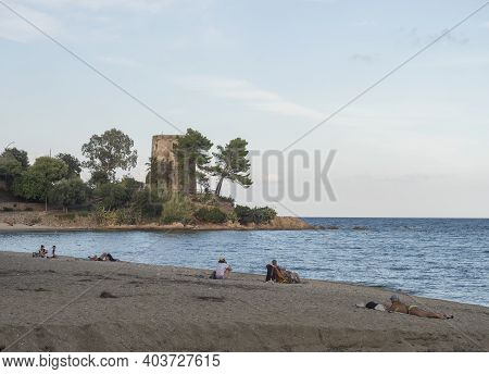 Santa Maria Navarrese, Sardinia, Italy, September 6, 2020: View Of Spiaggia Di Santa Maria Navarrese