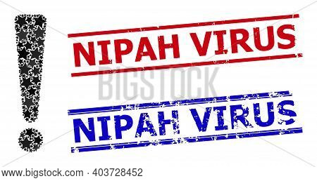 Exclamation Sign Star Mosaic And Grunge Nipah Virus Seal Stamps. Red And Blue Stamps With Unclean Te