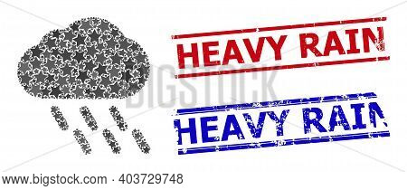 Rain Star Mosaic And Grunge Heavy Rain Seals. Red And Blue Seals With Rubber Surface And Heavy Rain 