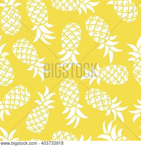 Pineapple Seamless Vector Yellow Pattern, Color 2021. Stylized Pineapples On A White Background. Tro