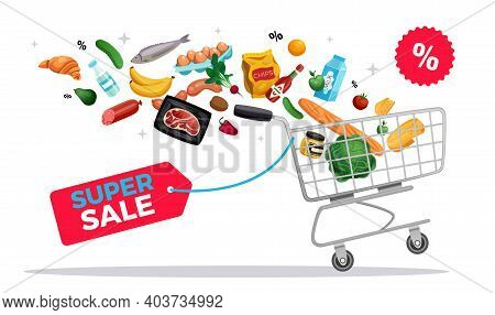 Shopping Bag Basket Zero Waste Eco Composition With Text Tag Discount Flying Products And Trolley Ca