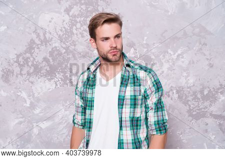 Going Unshaven. Unshaven Guy Abstract Background. Handsome Man With Unshaven Face. Bachelor In Plaid