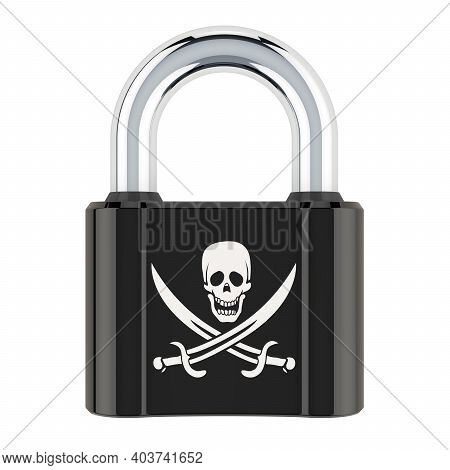 Padlock With Piracy Flag, 3d Rendering Isolated On White Background