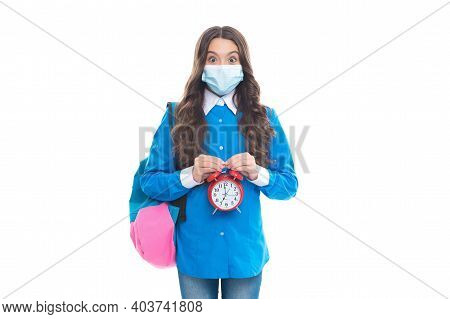 Shortened Quarantine Period. Surprised Kid Hold Alarm Clock. Wearing Face Covering. Coronavirus Incu