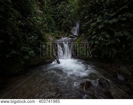Panorama View Of Cascada Madre Waterfall In Tropical Rain Cloud Forest Mindo Valley Jungle Nambillo 