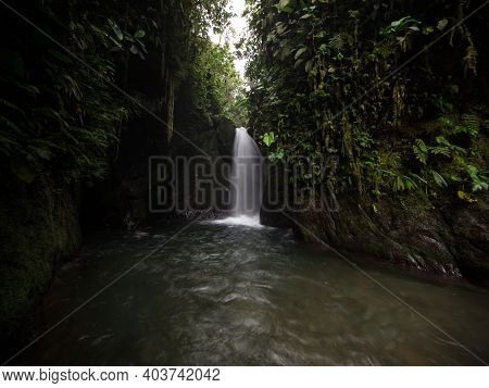 Panorama View Of Cascada Guarumos Waterfall In Tropical Rain Cloud Forest Mindo Valley Jungle Nambil
