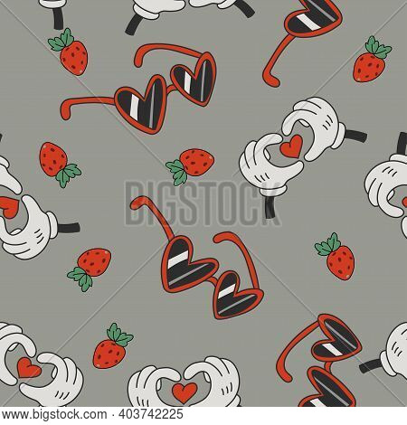 Vector Seamless Pattern With Straberrys, Cartoon Hands And Heart Glasses In Retro Style. Hand Drawn 