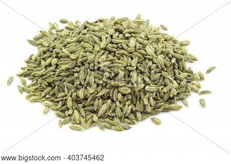 Heap Of Fennel Seeds Against Isolated White Background