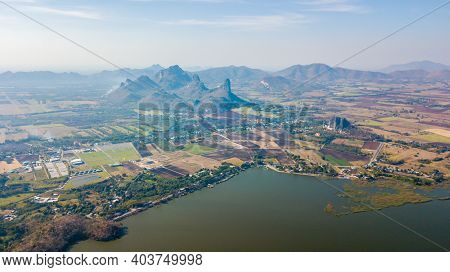 Aerial View Of Sub Lek Reservoir With Mountain At  Nikhom Sang Ton Eng, Mueang District, Lopburi Tha