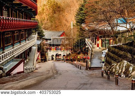 Danyang-gun, South Korea; Jan. 13, 2021: For Editoral Use Only. Buildings Of Guinsa Temple On Hillsi