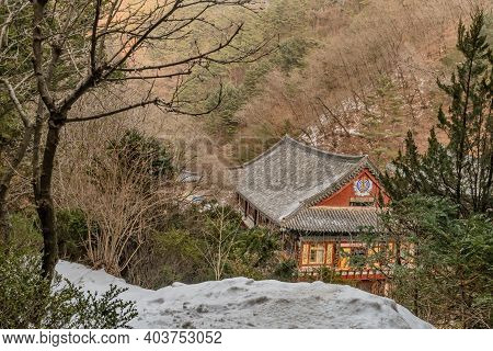 Danyang-gun, South Korea; Jan. 13, 2021: Winter Landscape Of Guinsa Temple Building On Mountainside.