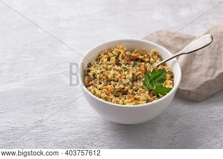 Vegan Lentil Stuffing With Vegetables For Homemade Dumplings, Vareniki, Pierogi, Kreplach In White B