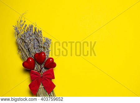 Valentines Day Congratulation. Red Rose And Greeting Card With Heart Sign On Yellow Background Top V