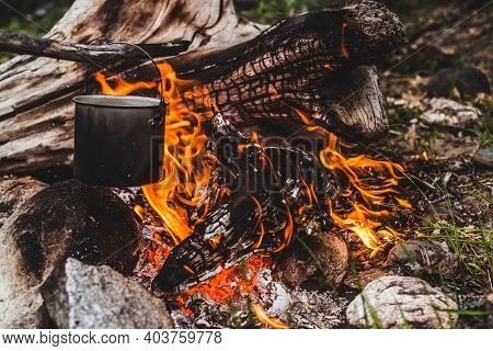 Kettle Hanging Over Fire. Cooking Food At Fire In Wild. Beautiful Big Log Burns In Bonfire Close-up.