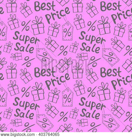 Vector Seamless Pattern With Inscriptions And Symbols Sale. Hand Drawn Background And Texture On The