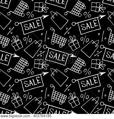 Vector Seamless Pattern With Inscriptions And Symbols Sale. Hand Drawn Background And Texture On The