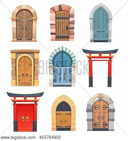 Cartoon Gates And Doors Vector Wooden And Stone Medieval Asian, European Or Fairytale Arched Or Rect