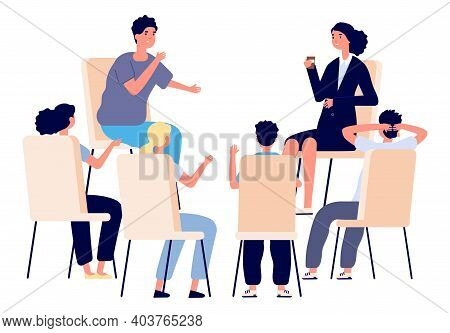 People Meeting. Psychotherapy Training, Business Lecture Or Conference. Persons Sitting Talking. Man