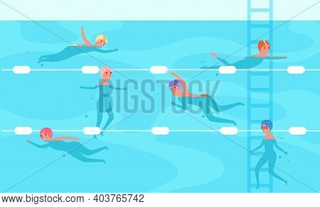 Kids In Pool. Child Swimming, Happy School Swim Lesson. Flat Sport Boy Girl, Children Competition Or