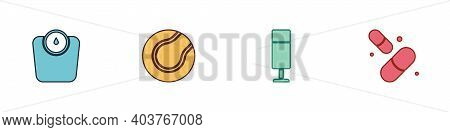 Set Bathroom Scales, Tennis Ball, Punching Bag And Vitamin Pill Icon. Vector