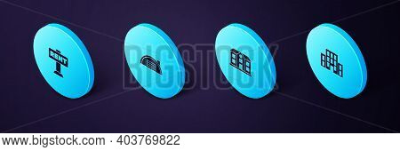 Set Isometric House, , Warehouse And Hanging Sign With Rent Icon. Vector