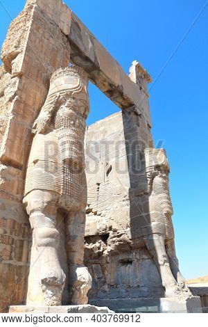 Gate of All Nations (Xerxes Gate) with stone statues of lamassu in ancient city Persepolis, Iran. UNESCO world heritage site
