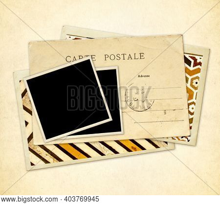 Vintage background with post cards and blank photo. Three retro postcards with decprative ornament. Inscription on the card - carte postale - postcard in french. Copy space for text