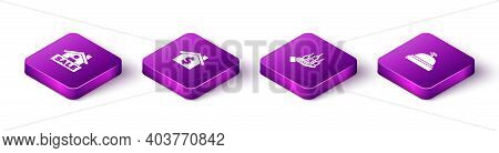 Set Isometric Hanging Sign With Sale, House Dollar Symbol, Skyscraper And Hotel Service Bell Icon. V